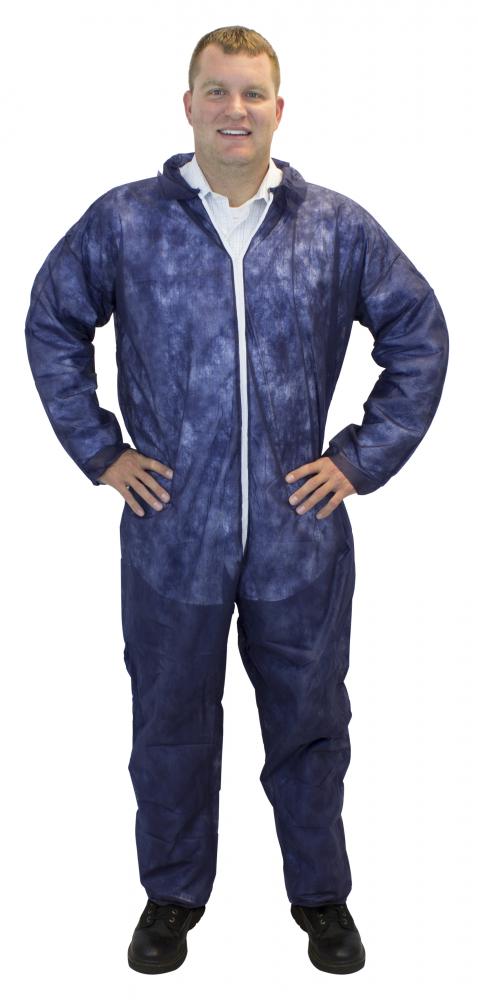 DISPOSABLE COVERALL, BLUE, POLYPROPYLENE W/O HOOD&BOOTS,NO ELASTIC AT WRISTS OR ANKLES