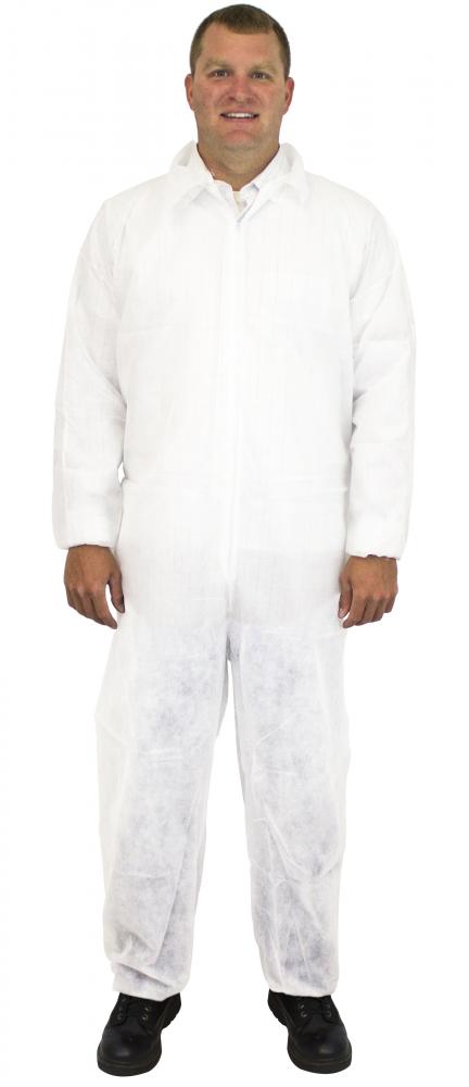 WHITE 40 GRAM POLYPROPYLENE COVERALL, ELASTIC WRISTS & ANKLES, 25/CS, MD