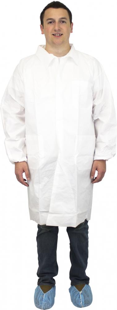 WHITE BREATHABLE MICROPOROUS LAB COAT, ELASTIC WRISTS & 3 POCKETS, INDIVIDUALLY BAGGED