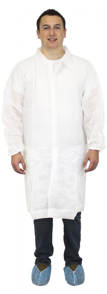 WHITE BREATHABLE MICROPOROUS LAB COAT, ELASTIC WRISTS & NO POCKETS, INDIVIDUALLY BAGGED