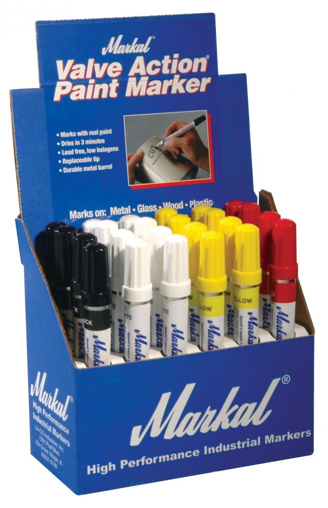 Paint-Riter® Valve Action® Liquid Paint Marker, White, Yellow, Black, & Red, Display Box