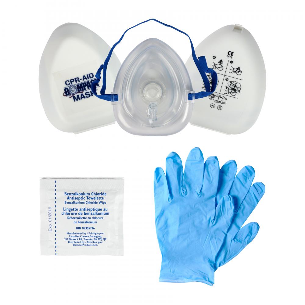 CPR Compact Mask, O2 Inlet, Case, Gloves, Wipes
