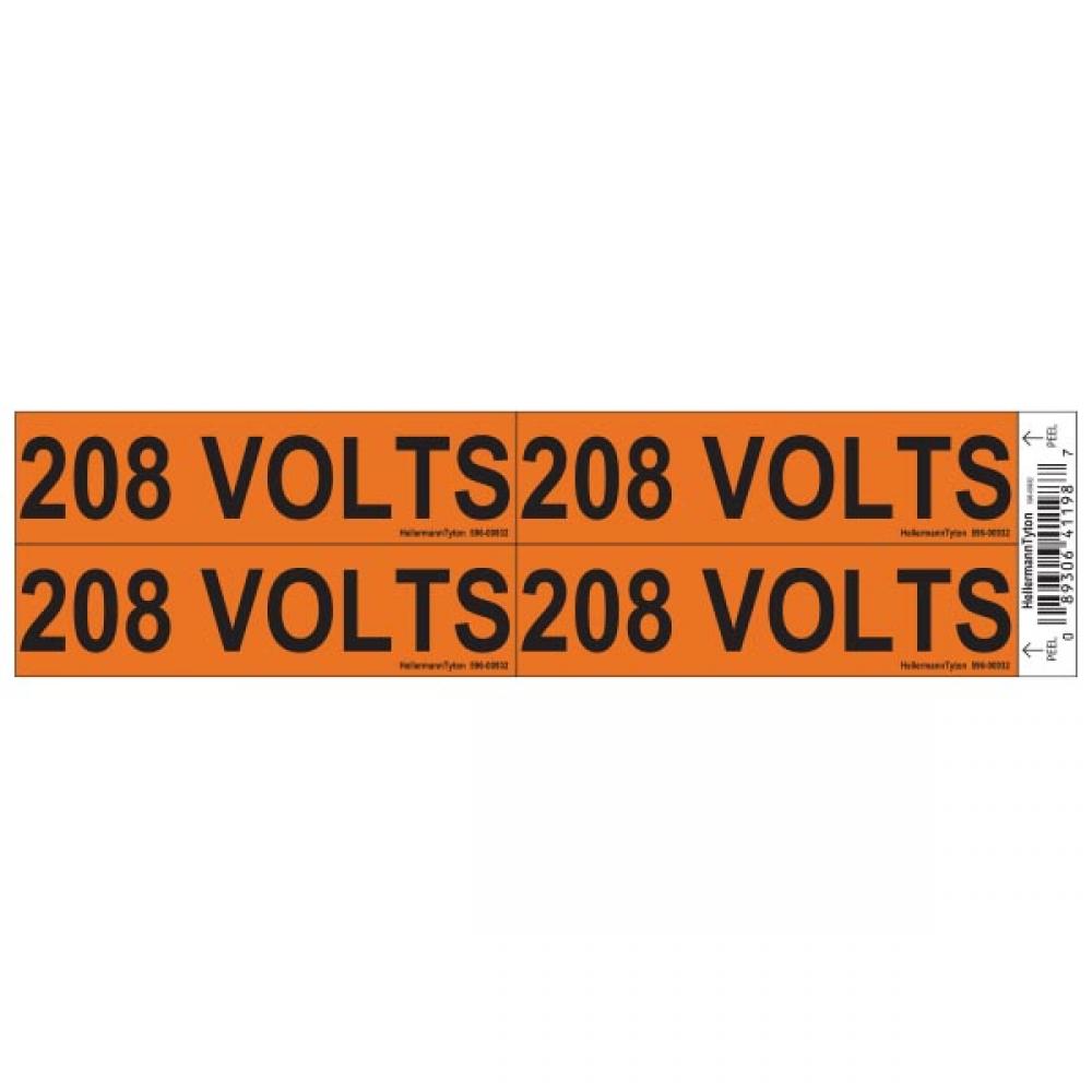 Voltage Marker, 1.125&#34; x 4.25&#34;, 208 Volts, Vinyl, Orange, 4/